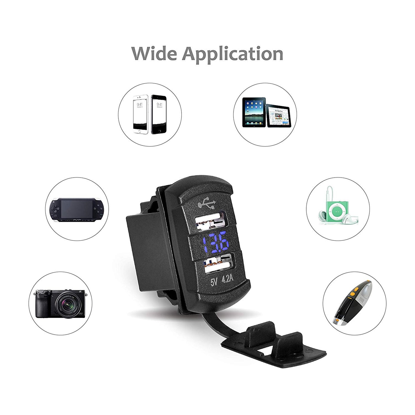Cargador USB Doble 5v-4,2Amper+Voltimetro. Para Auto, Moto, Embarcacion o Motorhome
