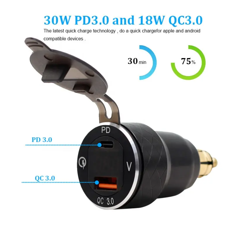 Cargador USB-C 30w+Qc3.0 18w (Carga Super Rápida). Adaptador Moto, Bmw, Ducati, Ktm, Triumph