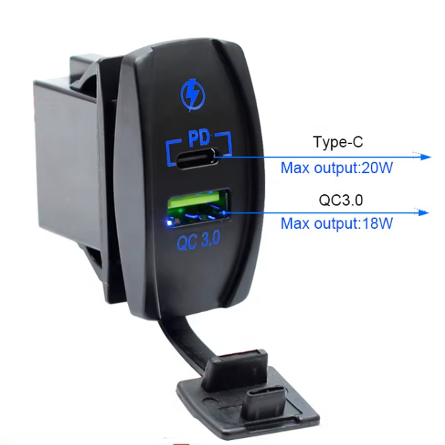 Cargador USB-C 20w + Qc3.0 18w Waterproof Para UTV, náutica o vehículo