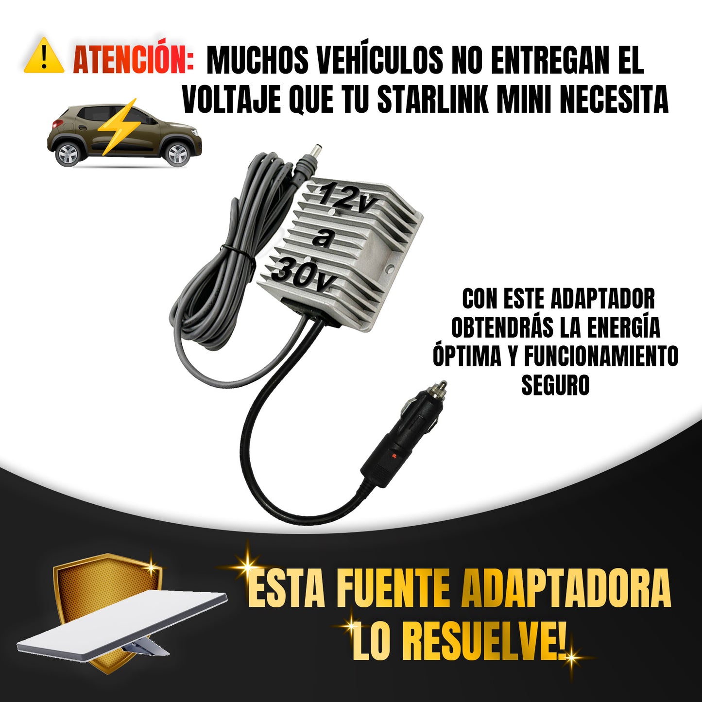 Fuente Starlink 12a30 Volt - Adaptador a encendedor del vehiculo + Cable de 3m
