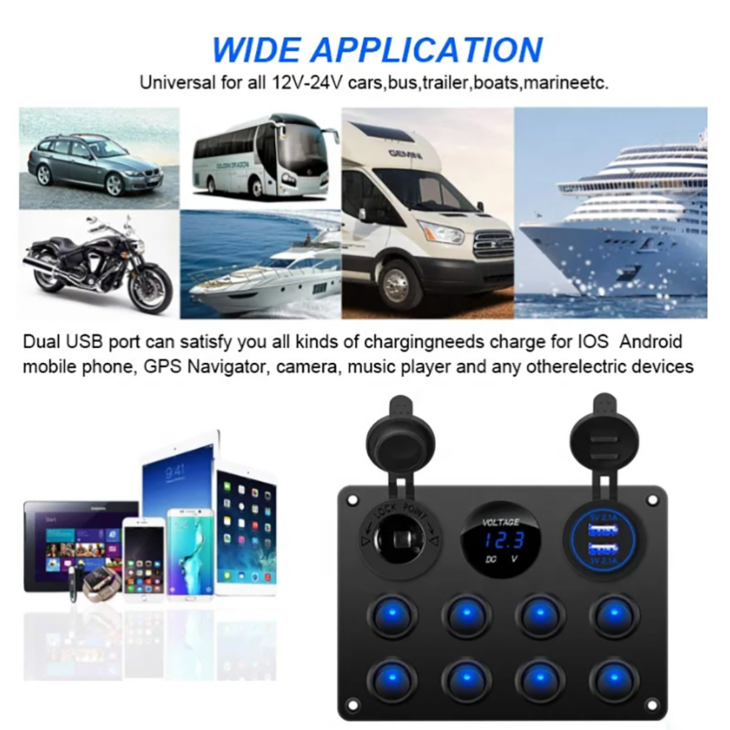 Tablero de 8 Teclas + USB Dual + Voltímetro + Toma 12V/24V IP66