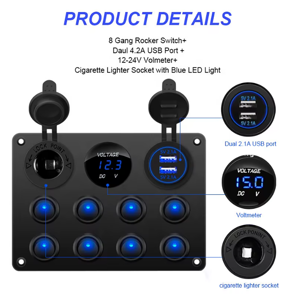 Tablero de 8 Teclas + USB Dual + Voltímetro + Toma 12V/24V IP66