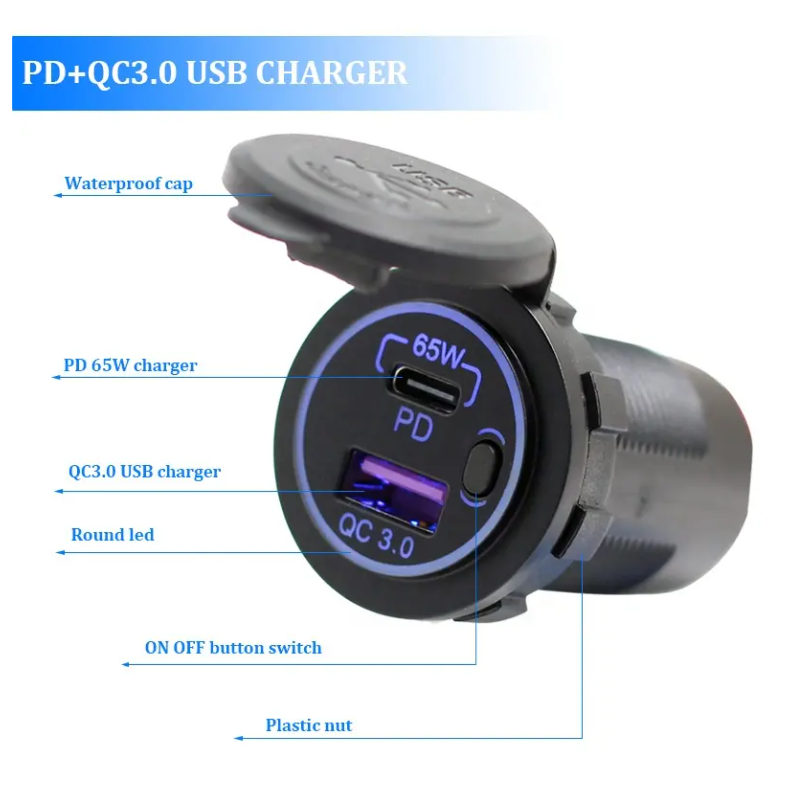Cargador USB-C de 65w+Qc3.0 de 18w. Carga Súper Rápida. Para embutir en Auto, Moto, Nutica o Motorhome