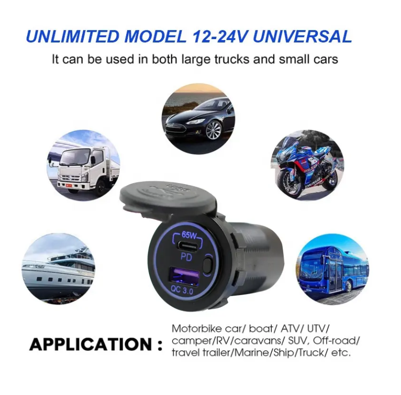 Cargador USB-C de 65w+Qc3.0 de 18w. Carga Súper Rápida. Para embutir en Auto, Moto, Nutica o Motorhome