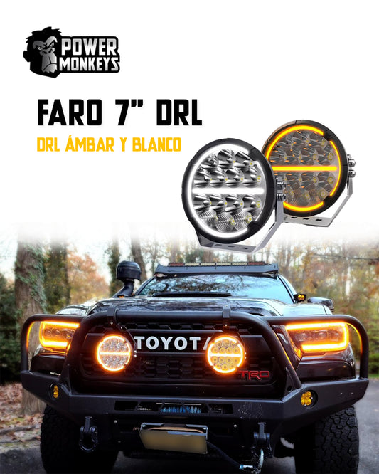 Faro LED Redondo de 7" con DRL Blanco y Ámbar para Jeep, 4x4 y motos. Conector H4 con Luz Baja y Alta, y Señal de Giro. Máxima visibilidad y estilo IP68