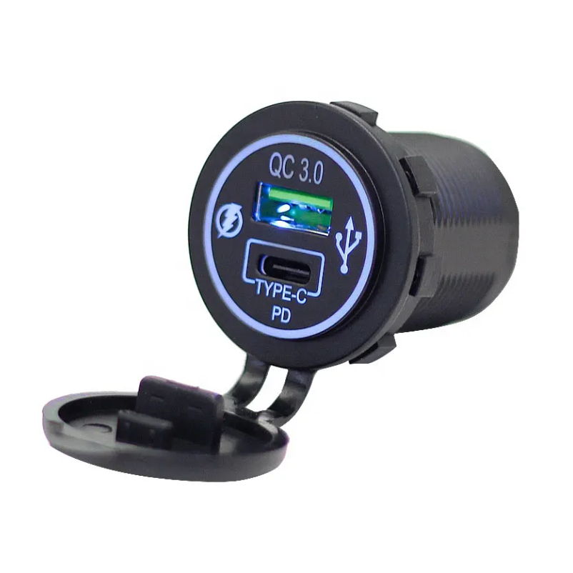 Cargador USB-Qc3.0+USB-C de 20w + Waterproof, Para Auto, Moto, Nutica o Motorhome