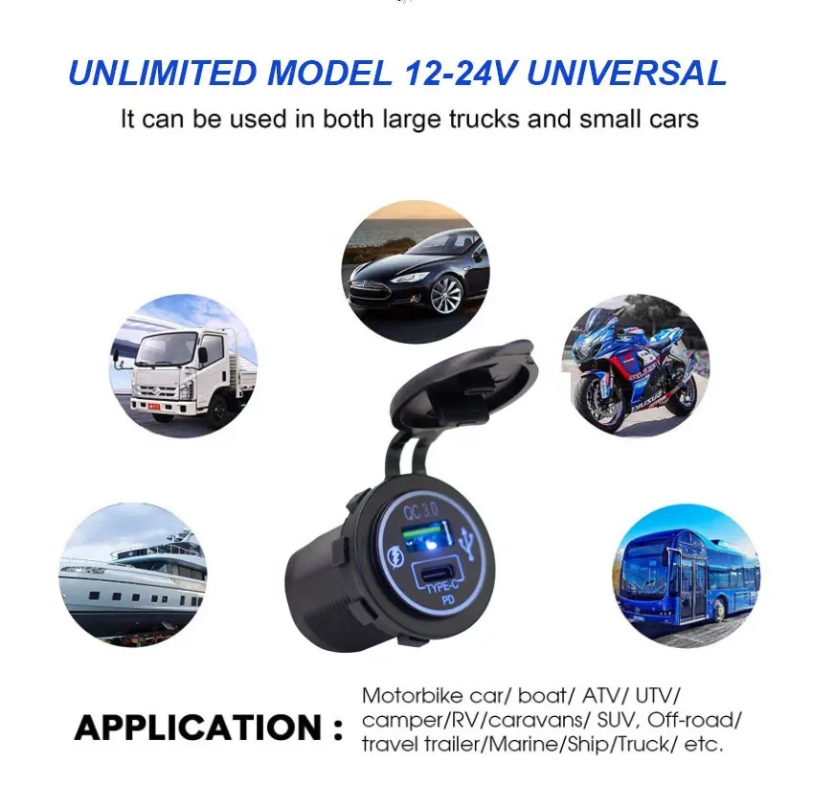 Cargador USB-Qc3.0+USB-C de 20w + Waterproof, Para Auto, Moto, Nutica o Motorhome