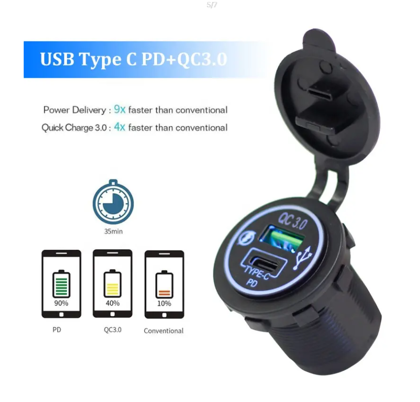 Cargador USB-Qc3.0+USB-C de 20w + Waterproof, Para Auto, Moto, Nutica o Motorhome