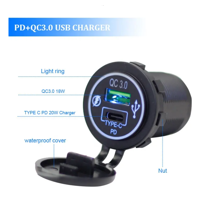 Cargador USB-Qc3.0+USB-C de 20w + Waterproof, Para Auto, Moto, Nutica o Motorhome