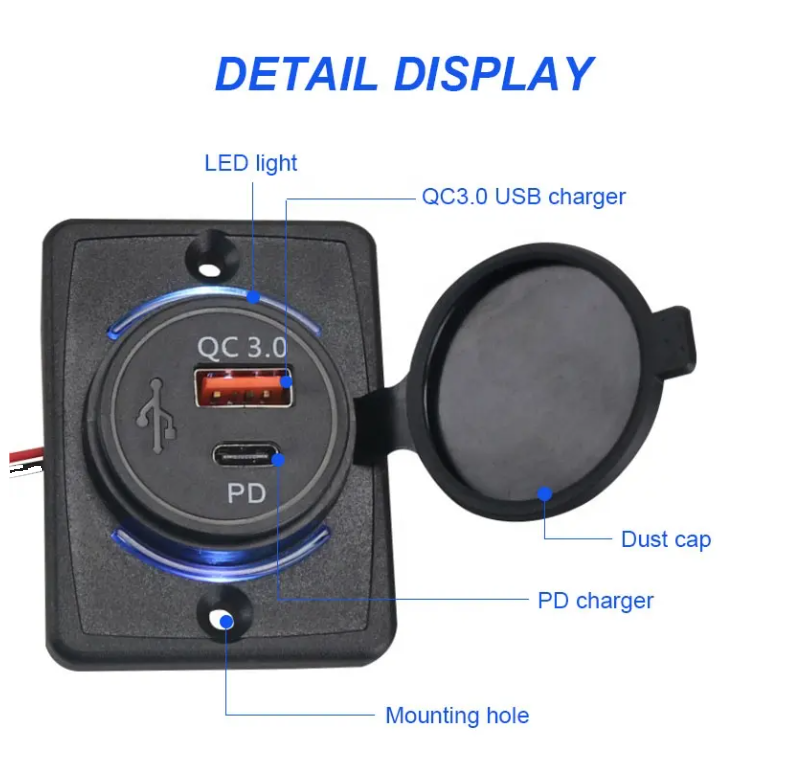 Cargador USB-C+Qc3.0. Para Auto, Nautica o Motorhome