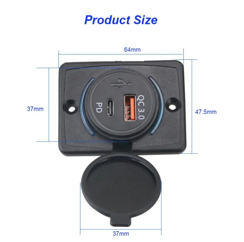 Cargador USB-C+Qc3.0. Para Auto, Nautica o Motorhome