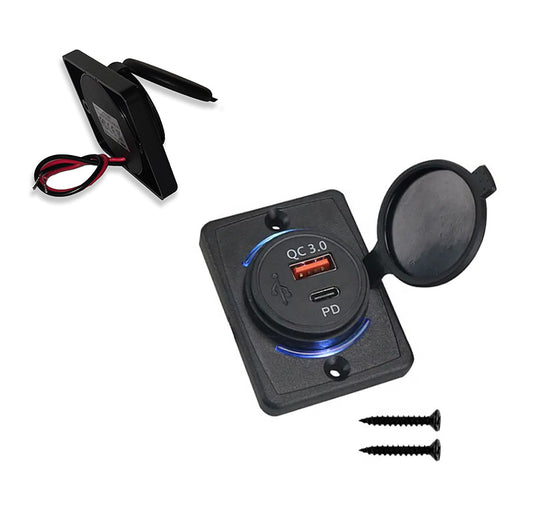 Carga rápida para MotorHome, Embarcaciones, auto o UTV. Máxima seguridad y potencia (38W) con este Cargador de montaje superficial USB-C (PD 20W) y QC 3.0 (18W).
