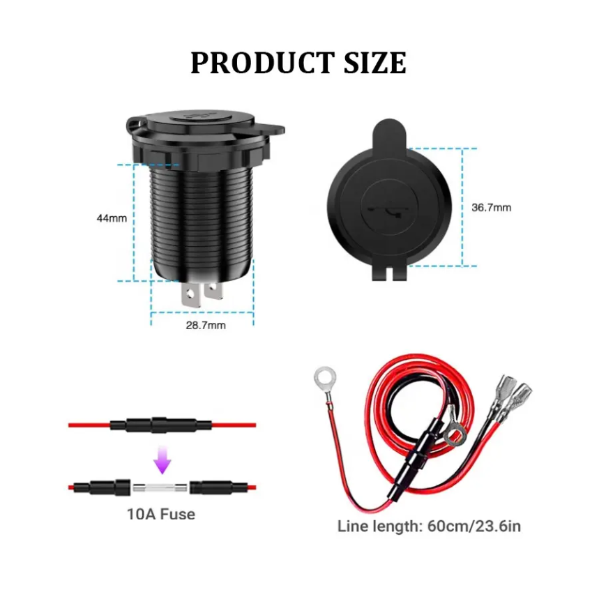 Cargador USB-C+Qc3.0+Voltimetro+OnOff. Para Auto, Moto, Nutica o Motorhome