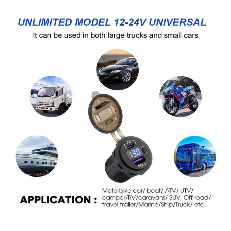 Cargador USB-C+Qc3.0+Voltimetro+OnOff. Para Auto, Moto, Nutica o Motorhome