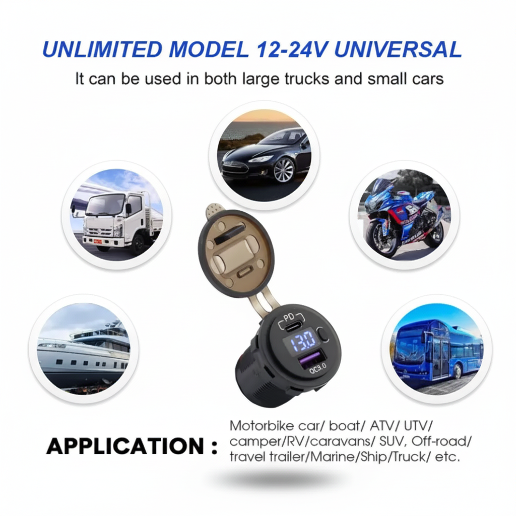 Cargador USB-C Para Embutir con Voltímetro y botón ON/OFF. Carga Super Rápida (12V/24V) en auto, motorhome, Lancha, Moto, Camion.