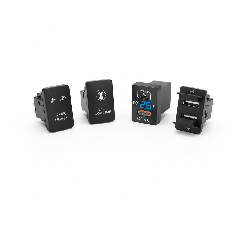 Teclas LED y cargadores USB (USB-C, QC3.0) Compatibles con Toyota Hilux/SW4 2016 en Adelante. Diseño OEM para tablero. Control de barras LED y accesorios 4x4.
