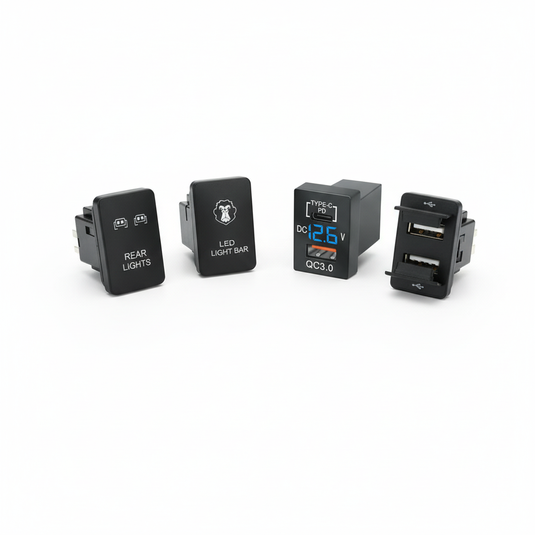 Teclas LED y cargadores USB (USB-C, QC3.0) Compatibles con Toyota Hilux/SW4 2016 en Adelante. Diseño OEM para tablero. Control de barras LED y accesorios 4x4.