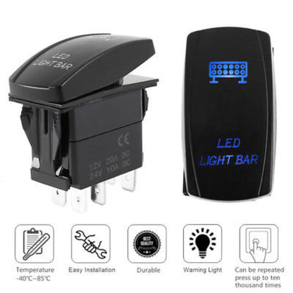 Teclas LED Universales de 5 pines (ON-OFF) para accesorios 12V/24V. Diseño sellado, retroiluminación y calidad Premium. Ideal para barras LED, malacates, Antenas y 4x4.