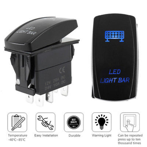 Teclas LED Universales de 5 pines (ON-OFF) para accesorios 12V/24V. Diseño sellado, retroiluminación y calidad Premium. Ideal para barras LED, malacates, Antenas y 4x4.