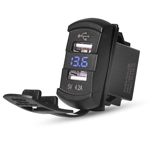 Cargador USB Doble 5v-4,2Amper+Voltimetro.  Para Auto, Moto, Embarcacion o Motorhome