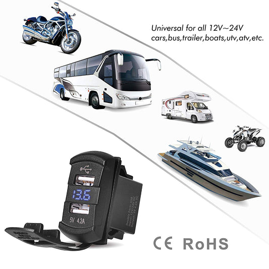 Cargador USB Doble 5v-4,2Amper+Voltimetro.  Para Auto, Moto, Embarcacion o Motorhome
