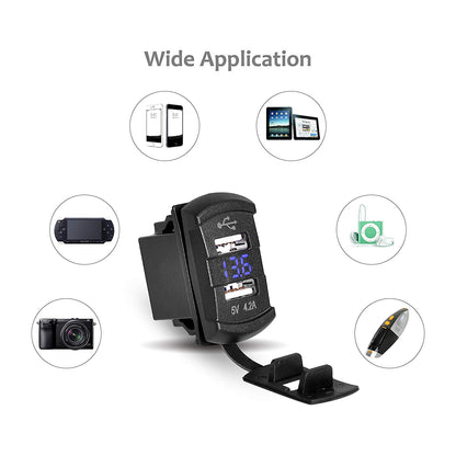 Cargador USB Doble 5v-4,2Amper+Voltimetro.  Para Auto, Moto, Embarcacion o Motorhome