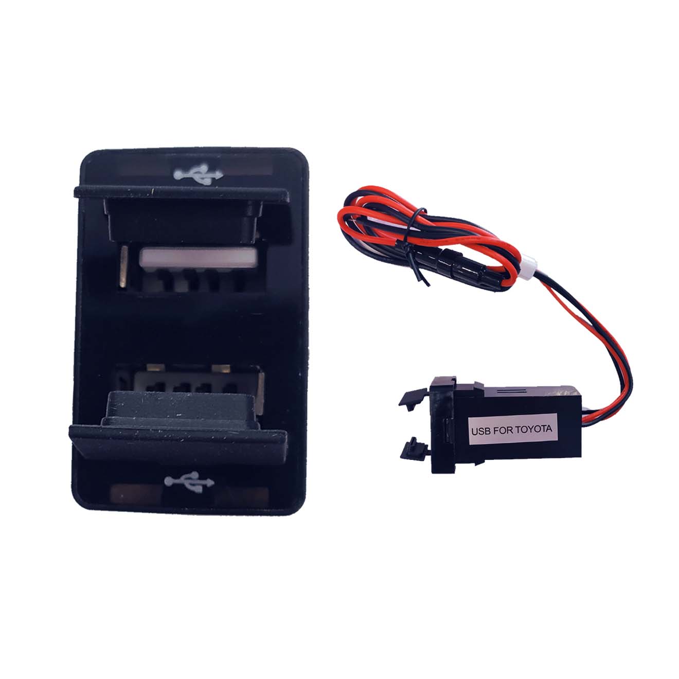 Cargador Dual USB para Toyota Hilux/SW4 (+2016). Encaje OEM perfecto en tablero. Carga rápida y doble punto para tus dispositivos 12V/24V.