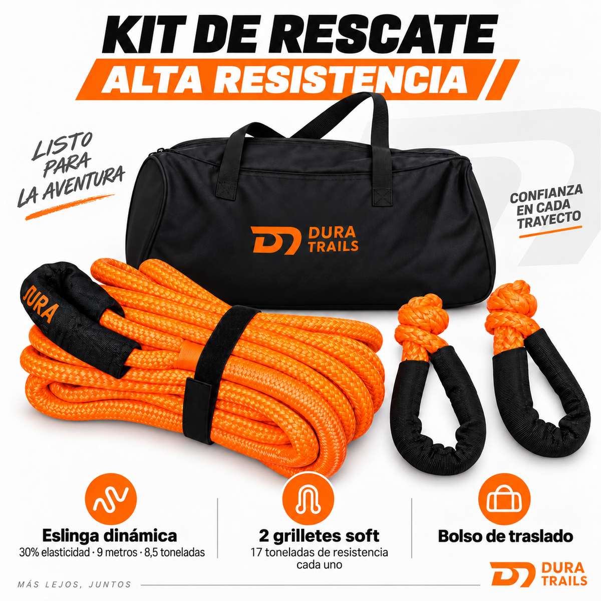 KIT RESCATE: Eslinga Dinamica 9 Metros + 2 Grilletes Soft + Bolso Rescate