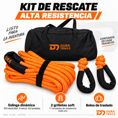 KIT RESCATE: Eslinga Dinamica 9 Metros + 2 Grilletes Soft + Bolso Rescate