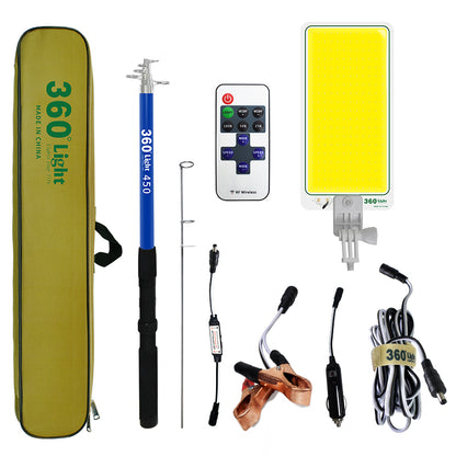 Farol LED Telescópico de 5 metros con control remoto. Iluminación cenital potente de 12V para camping, pesca y 4x4. Incluye bolso de transporte y estaca.
