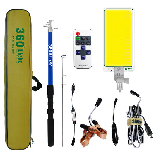 Farol LED Telescópico de 5 metros con control remoto. Iluminación cenital potente de 12V para camping, pesca y 4x4. Incluye bolso de transporte y estaca.