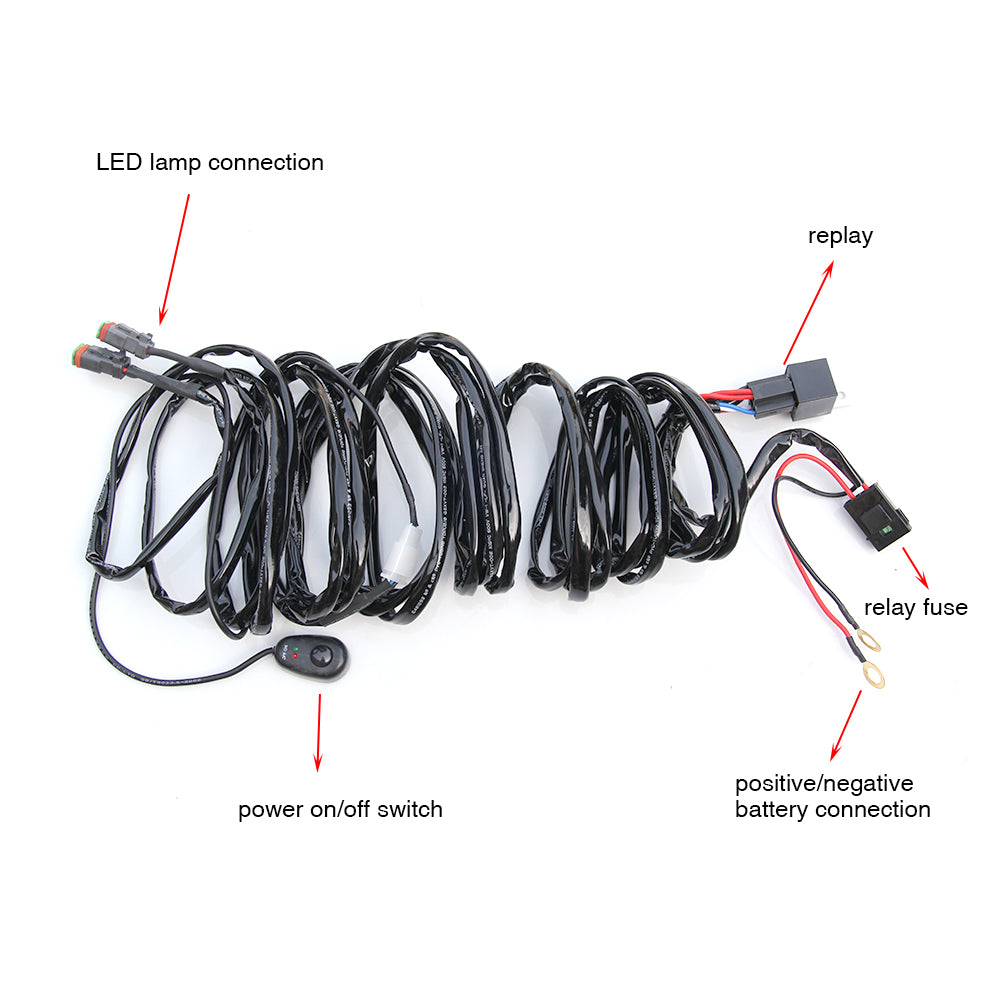 Cableado Para 2 Faros LED Plug & Play 12V/24V. Incluye 2 Salidas a Faros, Relé, fusible de seguridad y tecla Redonda Universal. Instalación simple y profesional.