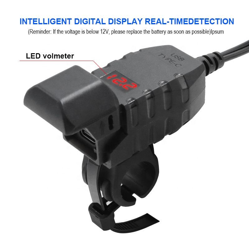 Cargador USB QC3.0 +USB C + Voltimetro Para Moto