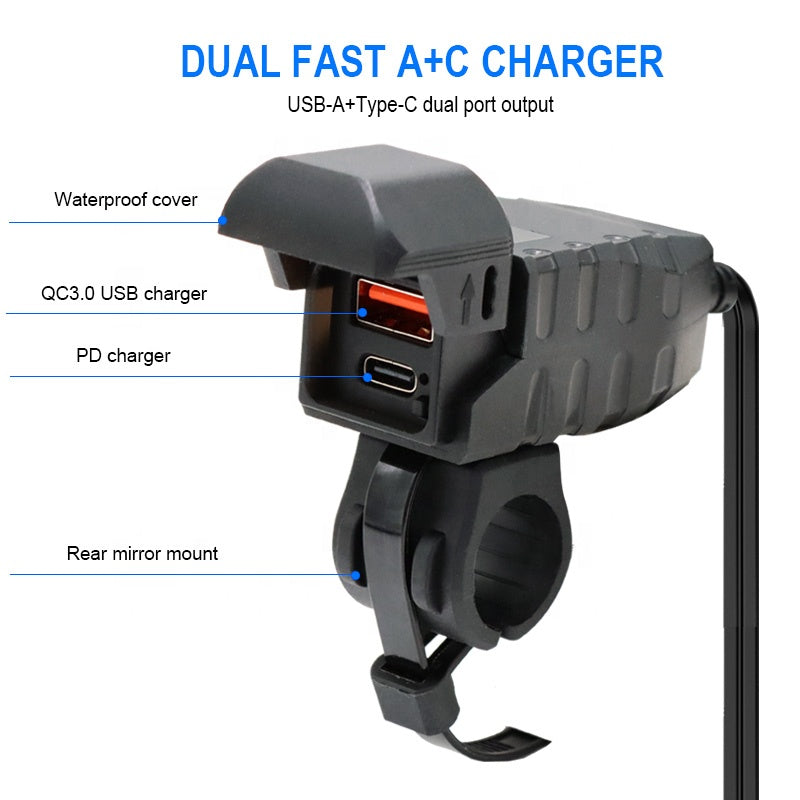 Cargador USB QC3.0 +USB C + Voltimetro Para Moto