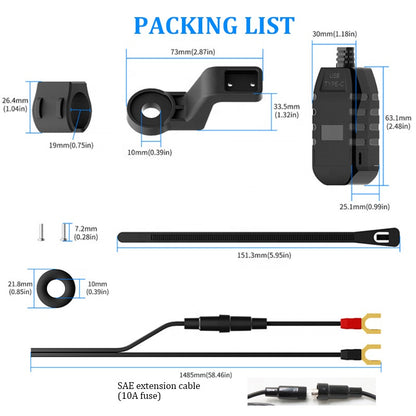 Cargador USB QC3.0 +USB C + Voltimetro Para Moto