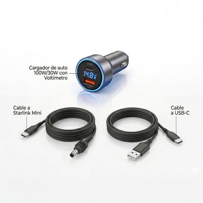 Cable Auto 12v 24v para Starlink Mini y celular Voltímetro 130w