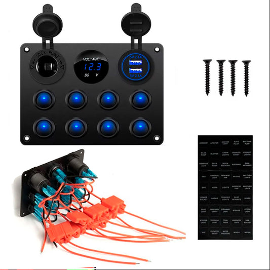 Tablero de 8 Teclas + USB Dual + Voltímetro + Toma 12V/24V IP66