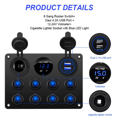 Tablero de 8 Teclas + USB Dual + Voltímetro + Toma 12V/24V IP66
