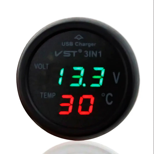Voltimetro Digital 3 en 1 USB + Termometro + Voltimetro 12V/24V