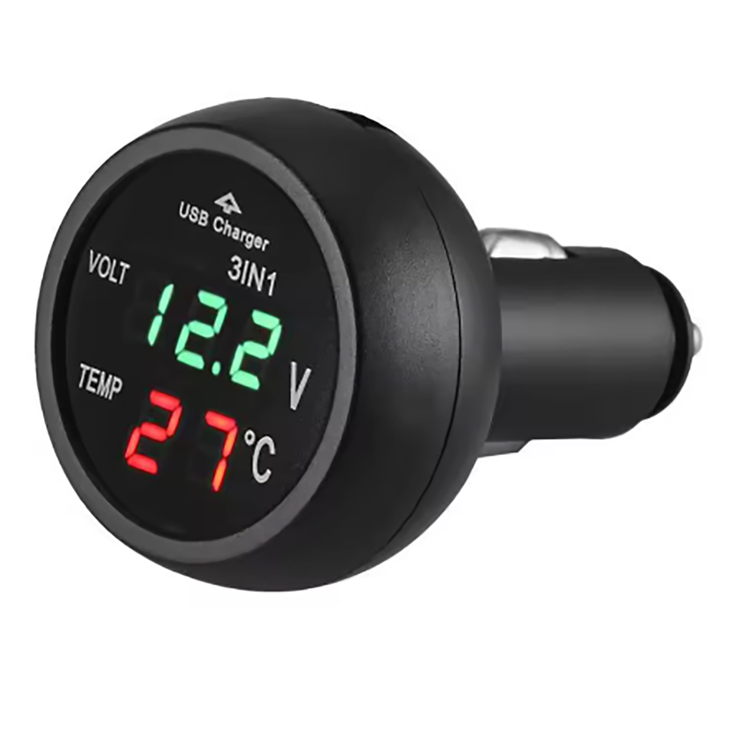 Módulo 3 en 1: Voltímetro, Termómetro y Cargador USB Dual 12V/24V. Monitoreo preciso de batería y temperatura. Instalación universal.
