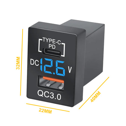 Cargador TOYOTA +2016  USB-C + QC3.0 + Voltimetro
