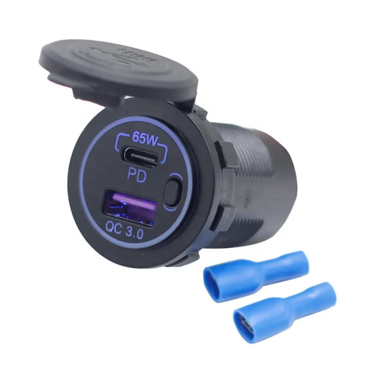 Cargador USB-C de 65w+Qc3.0 de 18w. Carga Súper Rápida. Para embutir en Auto, Moto, Nutica o Motorhome