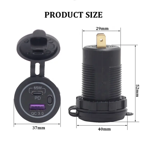 Cargador USB-C de 65w+Qc3.0 de 18w. Carga Súper Rápida. Para embutir en Auto, Moto, Nutica o Motorhome