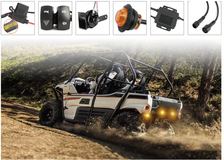 Kit de Seguridad para UTV (Bocina y Giros). Incluye interruptores, relé ajustable y alerta sonora. Cumple normas de circulación con instalación Plug & Play.