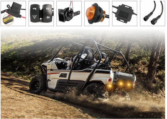 Kit de Seguridad para UTV (Bocina y Giros). Incluye interruptores, relé ajustable y alerta sonora. Cumple normas de circulación con instalación Plug & Play.