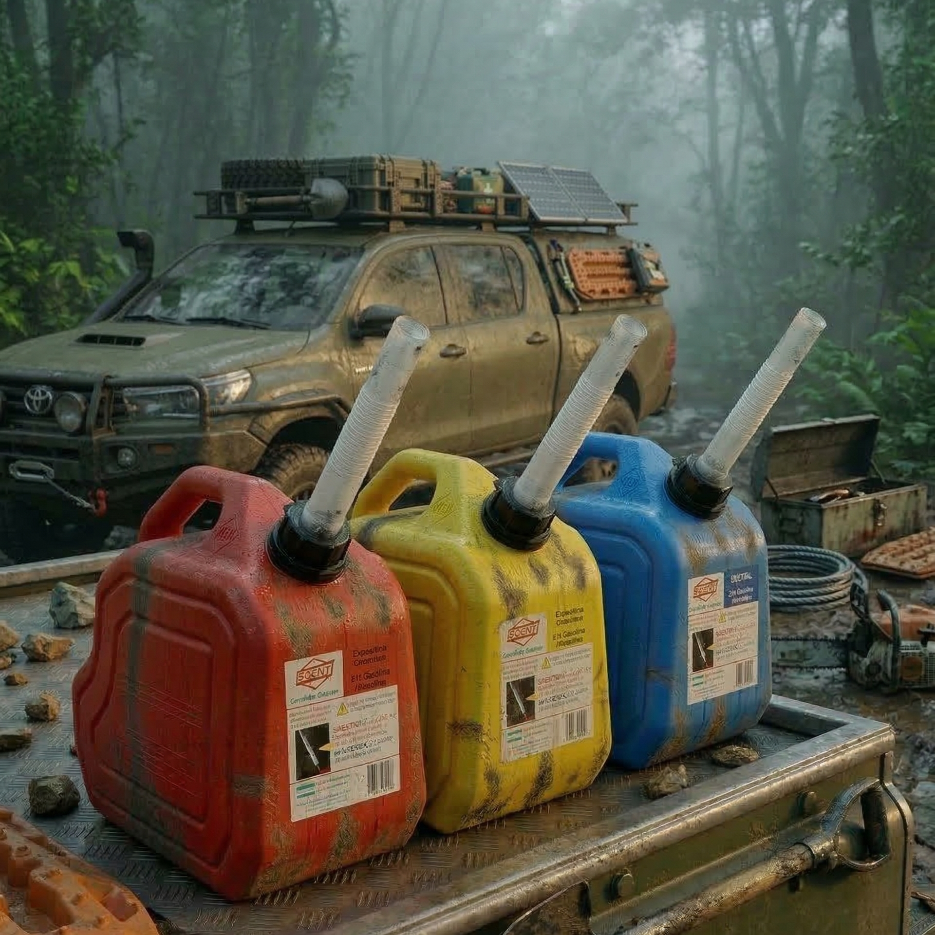 Bidón SOCH 25L homologado para combustible. Material anti-estático (HDPE) de alta densidad, pico vertedor flexible y cierre hermético. Seguridad para 4x4 y náutica.