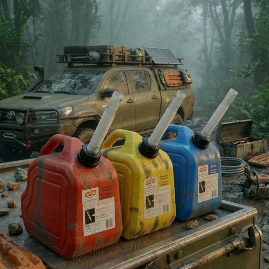 Bidón SOCH 25L homologado para combustible. Material anti-estático (HDPE) de alta densidad, pico vertedor flexible y cierre hermético. Seguridad para 4x4 y náutica.