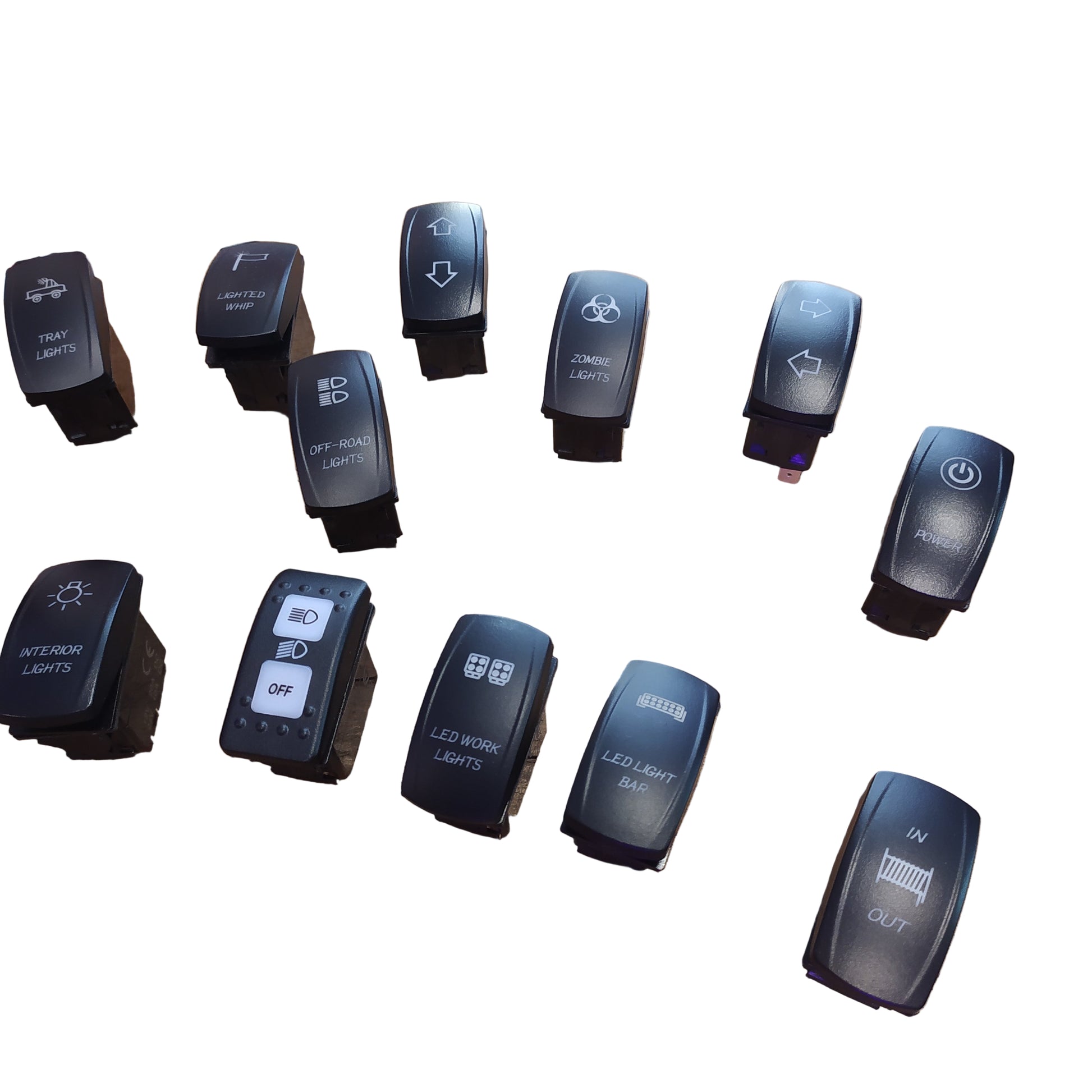 Teclas LED Universales de 5 pines (ON-OFF) para accesorios 12V/24V. Diseño sellado, retroiluminación y calidad Premium. Ideal para barras LED, malacates, Antenas y 4x4.