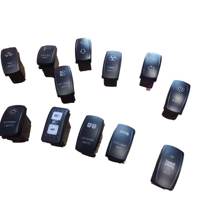 Teclas LED Universales de 5 pines (ON-OFF) para accesorios 12V/24V. Diseño sellado, retroiluminación y calidad Premium. Ideal para barras LED, malacates, Antenas y 4x4.