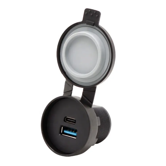 Cargador USB-Qc3.0+USB-C de 20w + IP67. Para Auto, Moto, Nutica o Motorhome